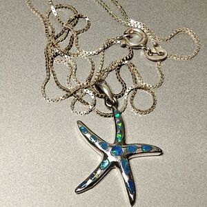 Sterling Silver Starfish With Blue Opal Inlay Pendant Necklace